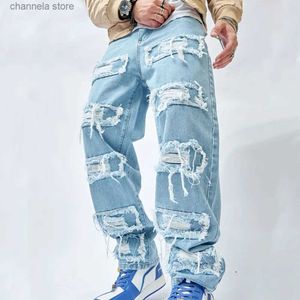 Jeans pour hommes 2023 Simple élégant hommes déchiré Patch Hip Hop lâche jean pantalon Streetwear mâle droit Denim pantalon T240205