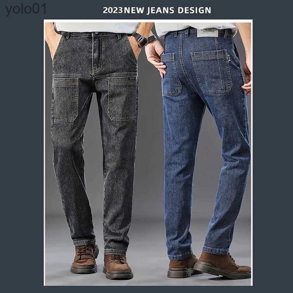 Jeans para hombres 2023 Jeans de seis bolsillos Pantalones vaqueros cargo convenientes para hombres Pantalones de trabajo rectos para jóvenes de marca de moda Pantalones de hombre con bolsillos grandes ajustados L231017