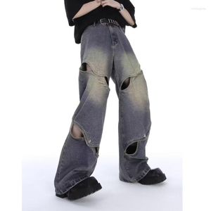 Jeans para hombres 2023 Primavera y otoño Botón de metal Empalme Diseño pesado Sentido hueco de pierna ancha para hombres Mujeres