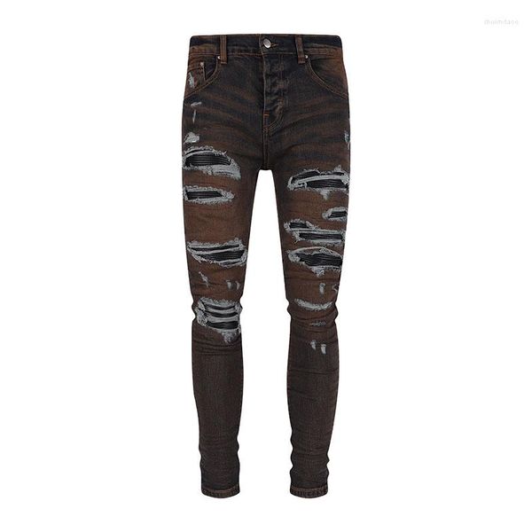 Jeans pour hommes 2023 printemps marque Vintage marron couleur unie Denim pantalon élastique déchiré pantalon mince mode pour hommes