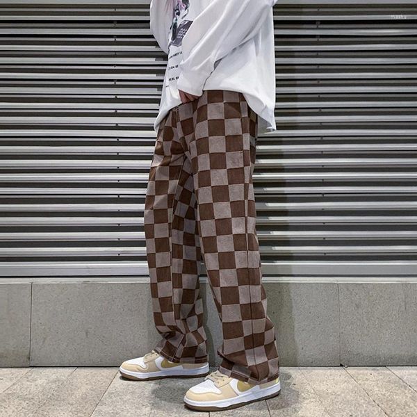 Jeans pour hommes 2023 printemps marron carreaux imprimé Baggy mode coréenne Streetwear Denim pantalon droit mâle marque pantalon