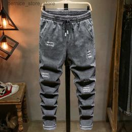 Jeans da uomo 2023 Primavera Nuovi uomini di grandi dimensioni Jeans strappati grigi Design con coulisse Pantaloni in denim elasticizzato Marca maschile 5XL 6XL 7XL 8XL 9XL 10XL Q231212