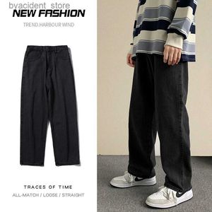 Jeans voor heren 2023 lente nieuwe streetwear baggy jeans heren Koreaanse mode losse rechte wijde pijpen broek mannelijke merkkleding zwart lichtblauw L240313