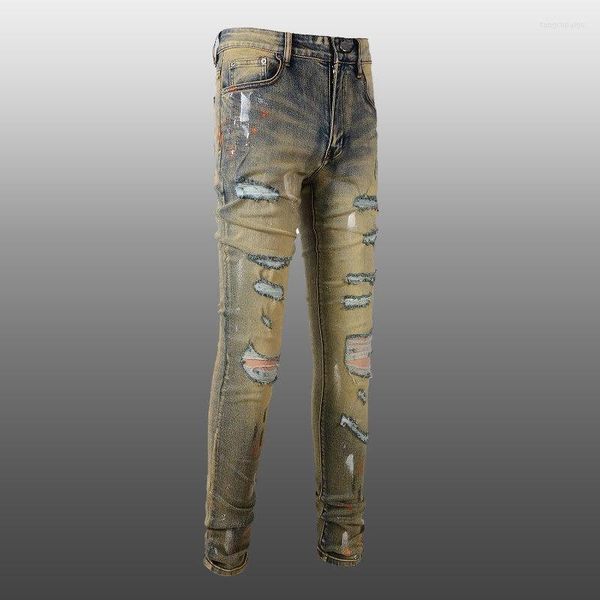 Pantalones vaqueros para Hombre 2023 primavera Retro Jean Hombre parche Biker Streetwear pantalones de mezclilla rasgados viejo lavado agua estiramiento flaco pantalones cónicos