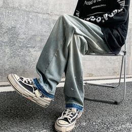 Jeans pour hommes 2023 printemps/été américain haute rue Vintage moucheté marque de mode jambe droite personnalisé pantalon ourlet chiffon