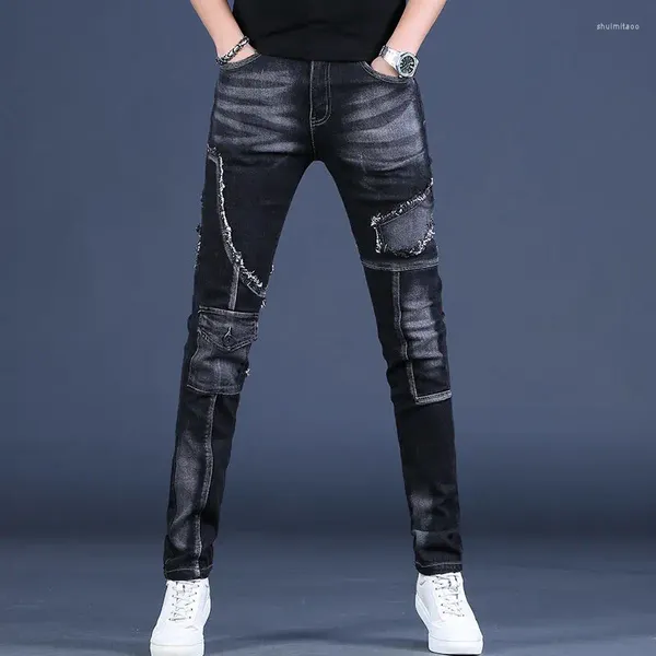 Jeans pour hommes 2023 Spring Tide Marque Nostalgique Haut de gamme Lavé Moto Patch Couture Noir Slim Stretch Tendance Pantalon Coréen