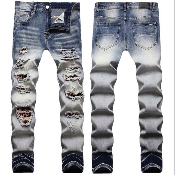 Jeans para hombres 2023 Star Leather Ing Ripped Jean Brand Patchwork Hombres Otoño América Hip Hop Denim Pantalón Streetwear Medias-4