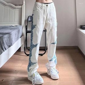 Jeans pour hommes 2023 trou droit cassé rue mode décontracté Design côté autocollant couleur contraste blanc pantalon ample grand