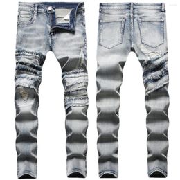 Herenjeans 2023 Straat Hip Hop-stijl Ruches Verzwakt Nostalgisch Gescheurd Stretch Slim Fit Skinny