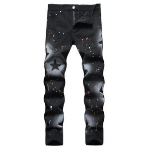 Jeans voor heren 2023-stijl zwart gekleurde verf stretch high street sterrenprint slanke elastische skinny denim broek heren potlood 231214