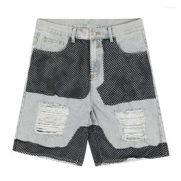 Heren jeans 2023 zomerheren vernietigd korte mesh patchwork mode hoi straat gescheurde denim shorts gewassen streetwear