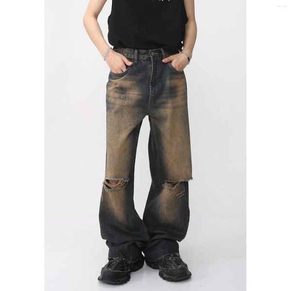 Jeans pour hommes 2023 Été Bouton en métal Trou Mode Tendance Pantalons décontractés Lâche Rétro Streetwear Pantalon de couleur bleue S-XL