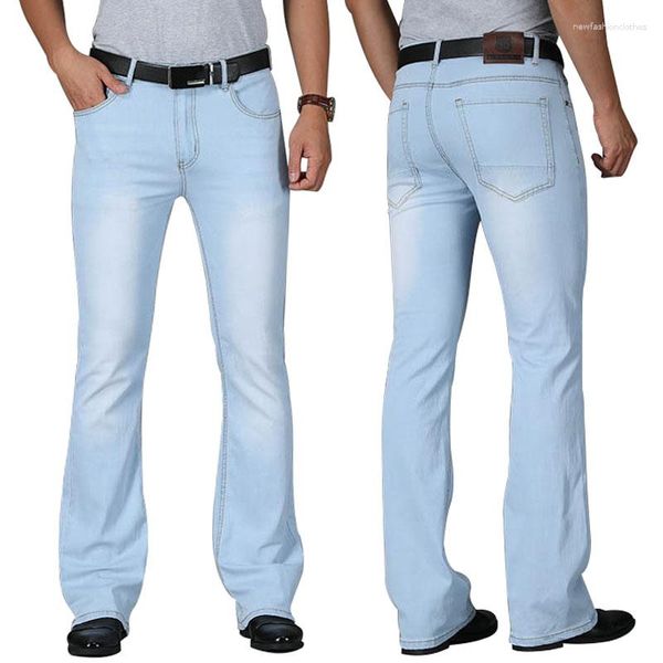 Jeans pour hommes 2023 été mince hommes évasés botte coupe Denim pantalon taille moyenne jambe élasticité mince décontracté mâle mode bleu clair pantalon