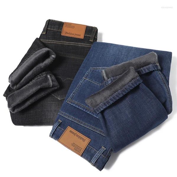 Jeans da uomo 2023 inverno business gamba dritta elasticizzata allentata più velluto spesso pantaloni caldi pantaloni maschili in denim di marca di fascia alta