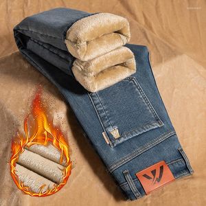 Heren jeans 2023 winter heren licht fleece warme zakelijke mode normale fit elasticiteit denim dikke broek mannelijke merk broek