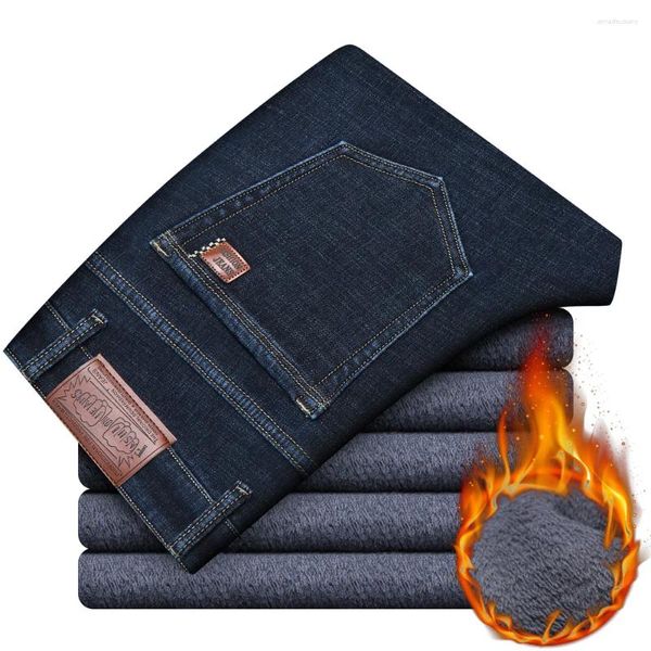 Jeans para hombres 2023 Invierno Cálido Moda de negocios Estilo clásico Negro Azul Denim Straight Fleece Pantalones gruesos Pantalones de marca masculina