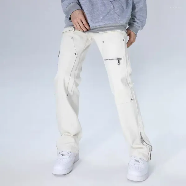 Jeans para hombres 2023 Y2K Moda Blanco Baggy Kpop Pantalones de carga para hombres Ropa Recta Tobillo Cremallera Mujeres Pantalones largos Ropa Hombre