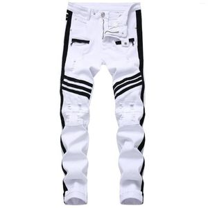 Jeans pour hommes 2023men Blanc Fermeture à glissière Noir Garniture latérale Slim Stretch Ripped Pantalon décontracté 281d