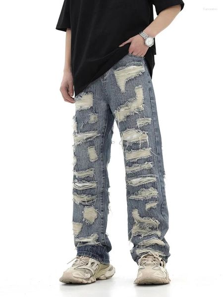 Jeans para hombres 2024 Estilo americano High Street Lavado personalizado Agujero rasgado Corte Tubo recto Ajuste suelto Versátil para hombres y mujeres