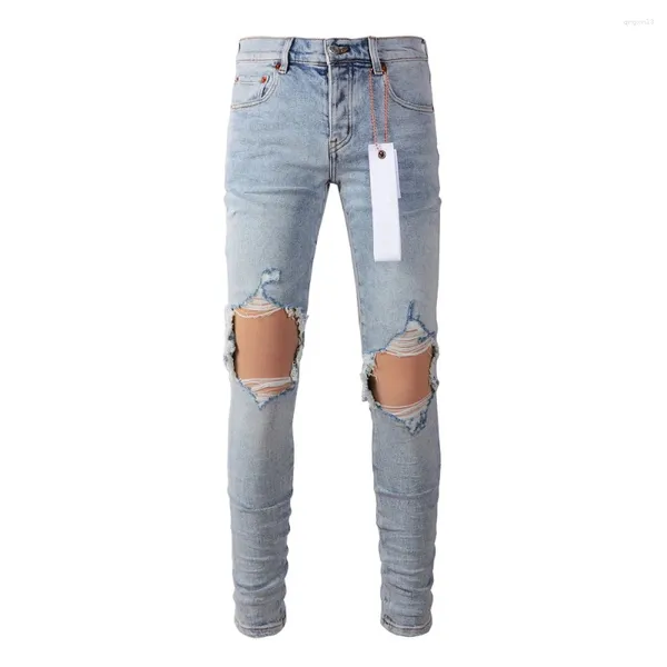 Jeans pour hommes 2024 Arrivée Marque High Street Light Blue Denim Slim Fit Lavé Endommagé Trou Stretch Solide