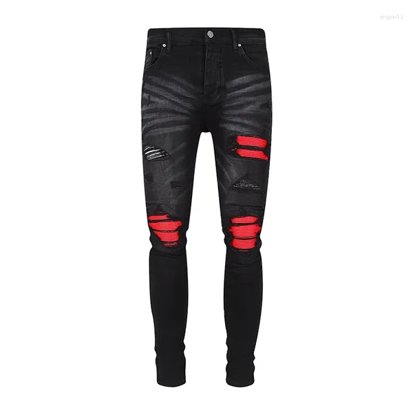 Jeans pour hommes 2024 Arrivée Mode Casual Noir Ripped Skinny Distressed Unique Red Fold Patch Design Denim Pantalon pour hommes