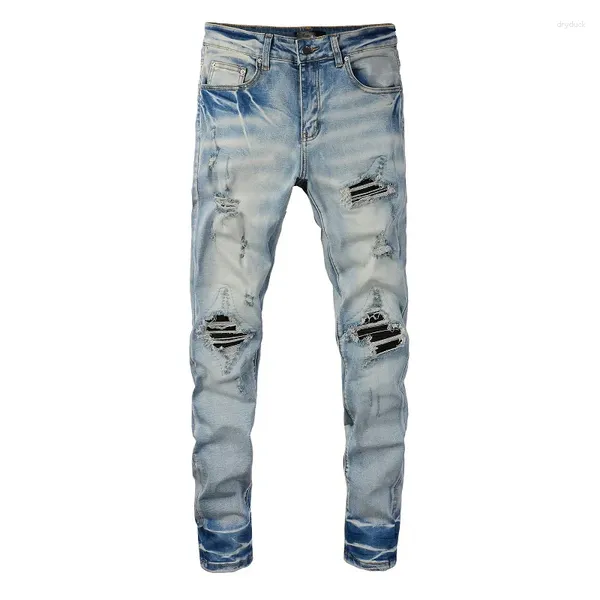 Jeans pour hommes 2024 Arrivée Style de mode Creux High Stretch Skinny Ribs Endommagés Patchwork Slim Fit Blue Denim