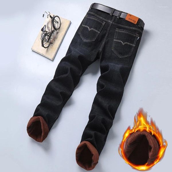 Jeans para hombres 2024 Otoño e invierno Combinación Botón Bolsillo Cremallera Moda Color Sólido Felpa Espesada Casual Versátil