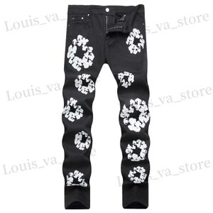 Jeans masculin 2024 Black Mens Flower imprimé Jeans Y2K Graphic Denim Harajuku Gothic Mid Waist Ligh-Leg Pants Man T240419