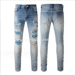 Jeans masculins 2024 Blue Diamond Jean Ripped High Street Trend Patches Stretch Vintage Jeans Fashion Jeans Men de mode Men