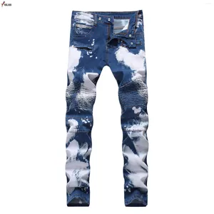 Jeans masculins 2024 marque de créateurs de mode hommes droits bleu couleur imprimé Motocycle Denim pantalon Ripped Cotton