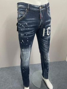 Jeans pour hommes 2024 Denim Pantalon 3D Splice D2 Light Wash Paint Dots Slim Fit Petits pieds légèrement élastiques Trous usés d'humidité