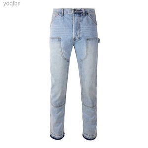 Heren jeans 2024 reliëf gesplitste blauwe heren losse multi -pocky grijs jeans houten cutter street jeans trousersl244