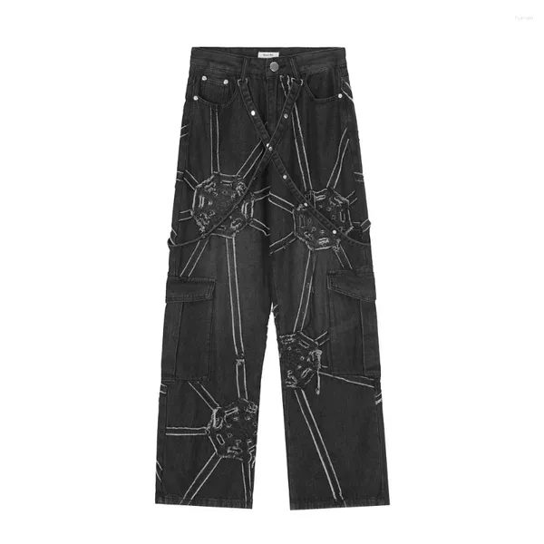 Jeans pour hommes 2024 Design européen et américain Tendance nationale Niche Punk Spiderweb Denim Pantalon droit à jambe large