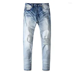 Jeans voor heren 2024 modemerk High Street Gradient Blue Ripped Patch Vintage Wash katoenen broek Motor Biker skinny denim broek