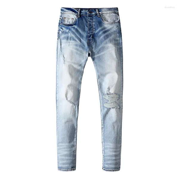Jeans para hombres 2024 Marca de moda High Street gradiente azul rasgado parche vintage lavado pantalones de algodón motorista flaco denim pantalón