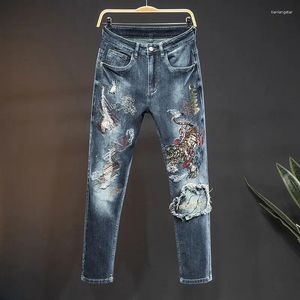 Jeans pour hommes 2024 mode broderie déchiré tigre conception homme pantalon mâle décontracté streetwear mince jambe droite pantalons longs