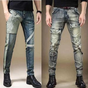 Jeans para hombres 2024 Moda Empalme Colores Angustiados Clásicos Jóvenes Hombres Slim Fit Elástico Pequeño Pie Denim Pantalones