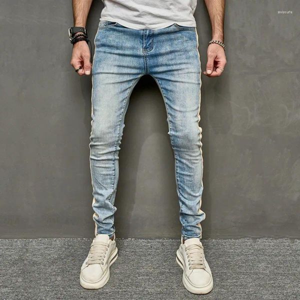 Jeans para hombres 2024 Comercio exterior Vintage Raya lateral Blanco Slim Fit Casual Pies pequeños