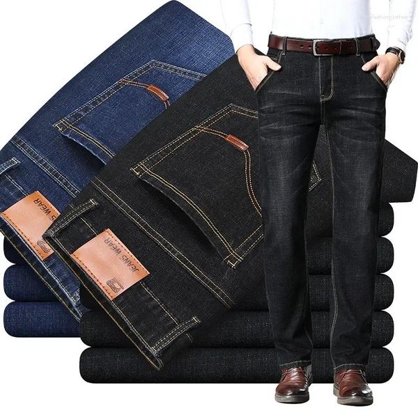 Jeans para hombres 2024 Four Seasons Tubo recto Pantalones juveniles sólidos elásticos oscuros grandes