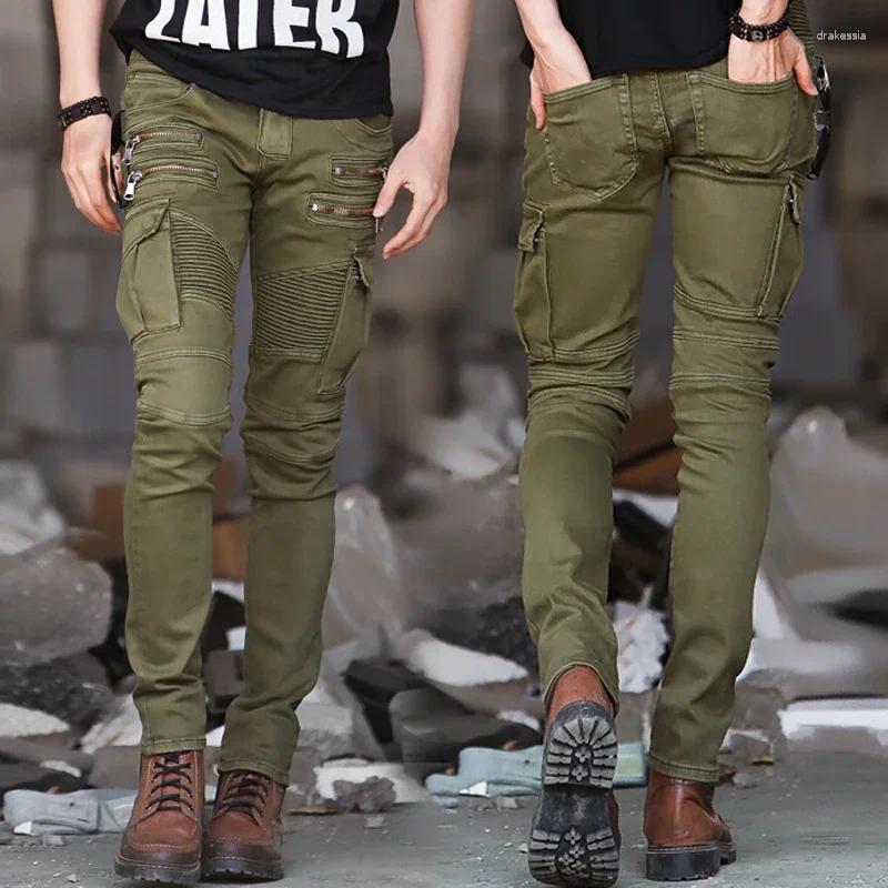 Мужские джинсы 2024, зеленые джинсовые байкерские узкие подиумные потертые тонкие эластичные мужские брюки в стиле хип-хоп в стиле милитари, мотоциклетные брюки-карго
