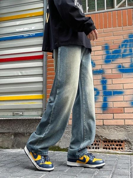 Jeans para hombres 2024 High Street Casual Straight Coreano Moda Bandas Cintura Vintage Azul Ancho Pierna Pantalones de mezclilla