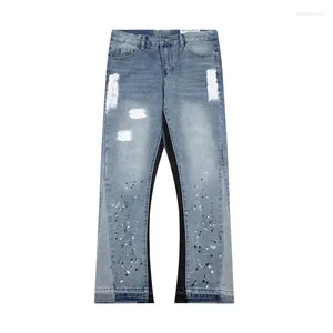 Men's Jeans 2024 High Street Splashed Ink Ripped Patchwork for Men and Women Brand Trendy American Straight Slim Micro-Flared pantalon