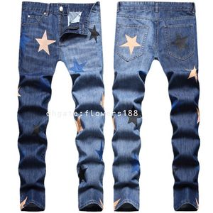 Jeans masculins 2024 Hip Hop Double lavage de la barbe de chat lourde entièrement imprimé Pentagramme Small Droig Leg Jeans Skinny Leg Jams Jeans Skinny Legs Jeans Skinny Mens Jeans