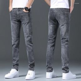 Jeans para hombres 2024 hombres de cintura alta recta pierna estrecha luz azul gris estiramiento vintage pantalones de mezclilla streetwear slim fit pantalones de calidad