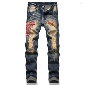 Jeans masculin 2024 hommes rétro bleu animal broderie streetwear trous pantalon en jean déchiré masculin hip hop slim jean hombre pantalon