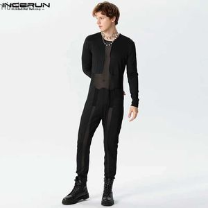 Jeans para hombres 2024 Monos para hombres Malla Patchwork Sexy O-cuello Manga larga Monos Hombres Ropa de calle Transparente Moda Mamelucos S-3XLL240111