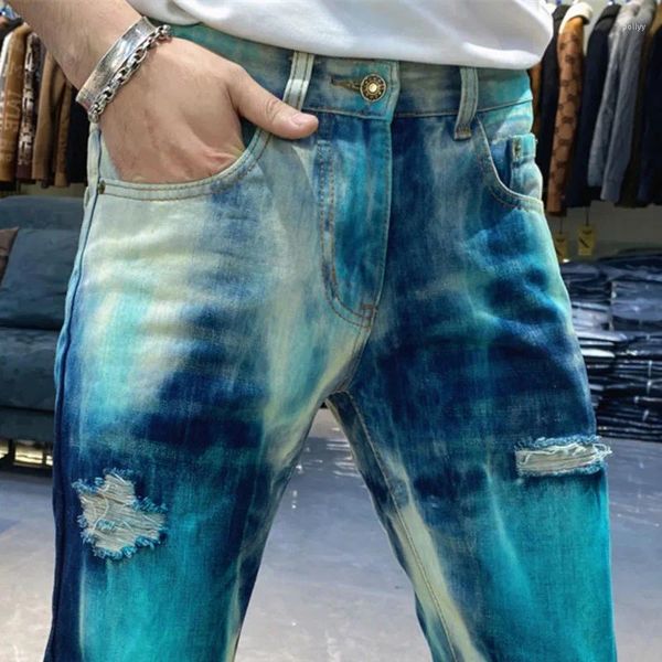 Jeans masculinos 2024 Hombres elásticos Break Biker pintados Jean Fashion Street Fit Pantalones de motocicleta de mezclilla