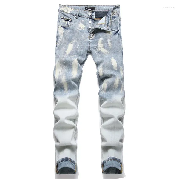 Jeans masculin 2024 masque à la mode peinture bleu clair peinture mince de haute qualité jean homme pantalon denim masculin