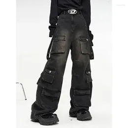 Jeans pour hommes 2024 multi-poches américain vintage jambe large harajuku lâche rue noir hip hop taille haute pantalon droit