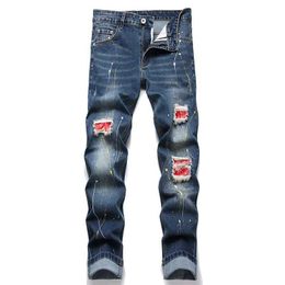 Jeans masculins 2024 Nouveau jeans de déchirure rétro pour hommes lavage bleu élastique ultra mince pantalon denim patch peinture de mode pantalon masculin hip hop j240527